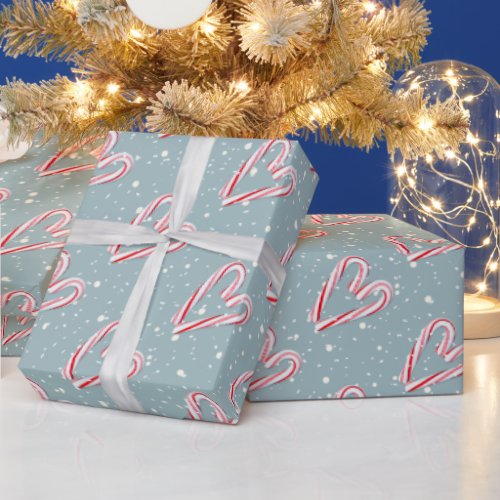 Candy Cane Heart On Snowflakes  Wrapping Paper