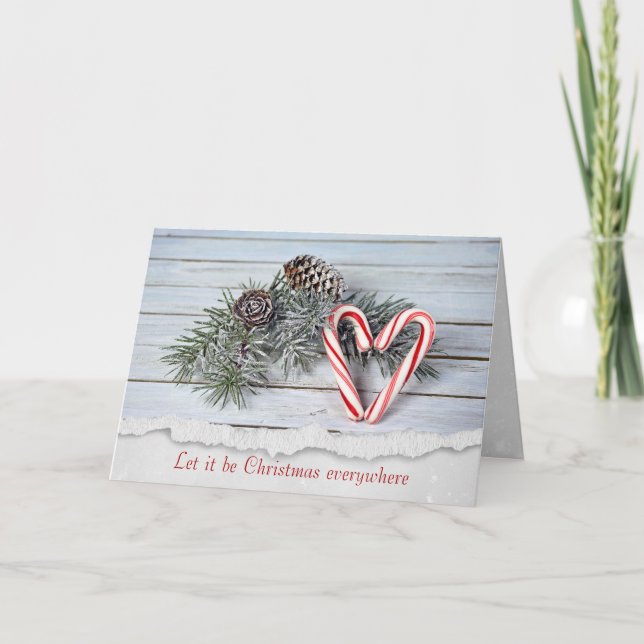 Candy Cane Heart On Wood Holiday Card (Front)
