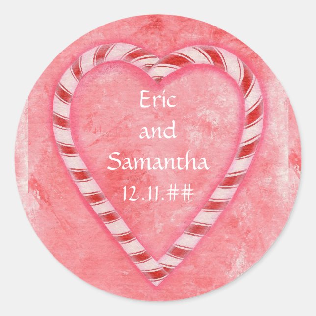 Candy Cane Heart Pink Save the Date Stickers (Front)