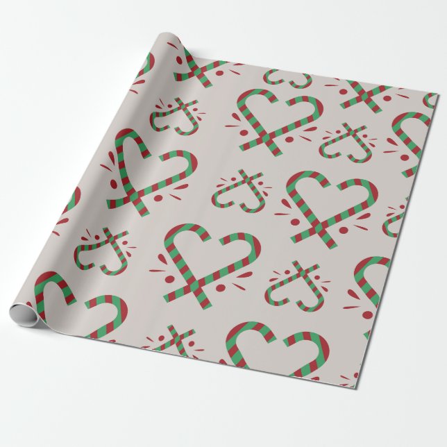 Candy Cane Heart-Shaped Christmas Wrapping Wrapping Paper (Unrolled)