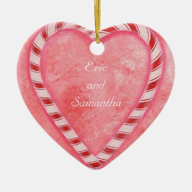 Candy Cane Heart Wedding Ornament, Personalized Ceramic Ornament (Front)