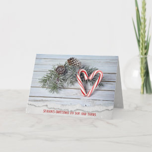 Candy Cane heart with pine on wood Holiday Card