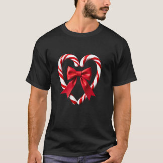 Candy Cane Heart with Pom Poms and Red Bow Fun Des T-Shirt