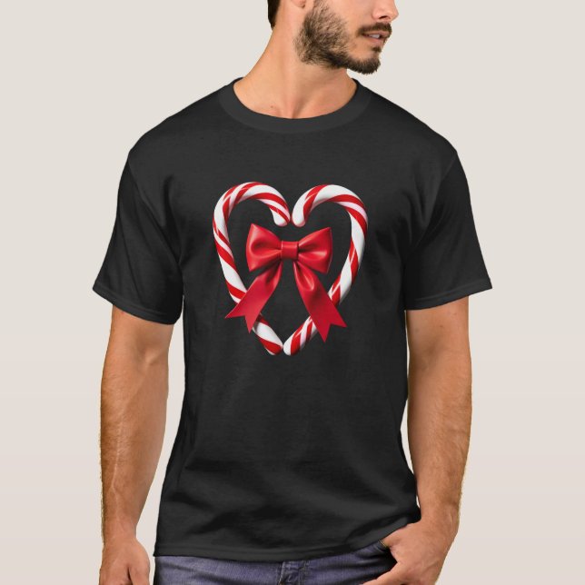 Candy Cane Heart with Pom Poms and Red Bow Fun Des T-Shirt (Front)