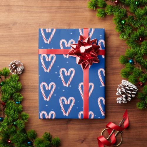 Candy Cane Hearts And Snowflakes On Blue Wrapping Paper