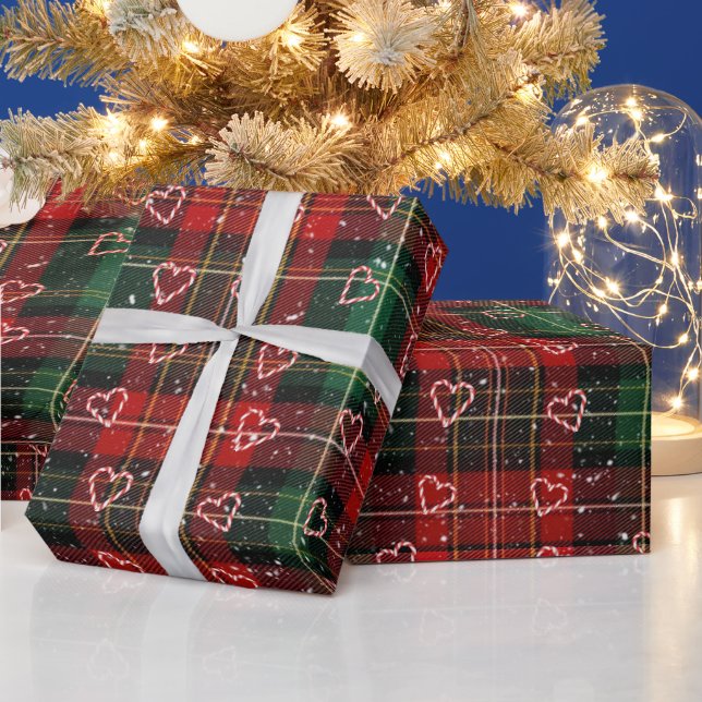 Candy Cane Hearts and Snowflakes On Plaid Wrapping Paper (Holidays)