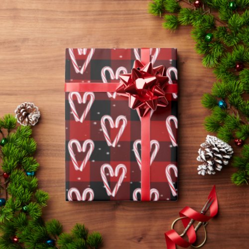 Candy Cane Hearts And Snowflakes Plaid Wrapping Paper