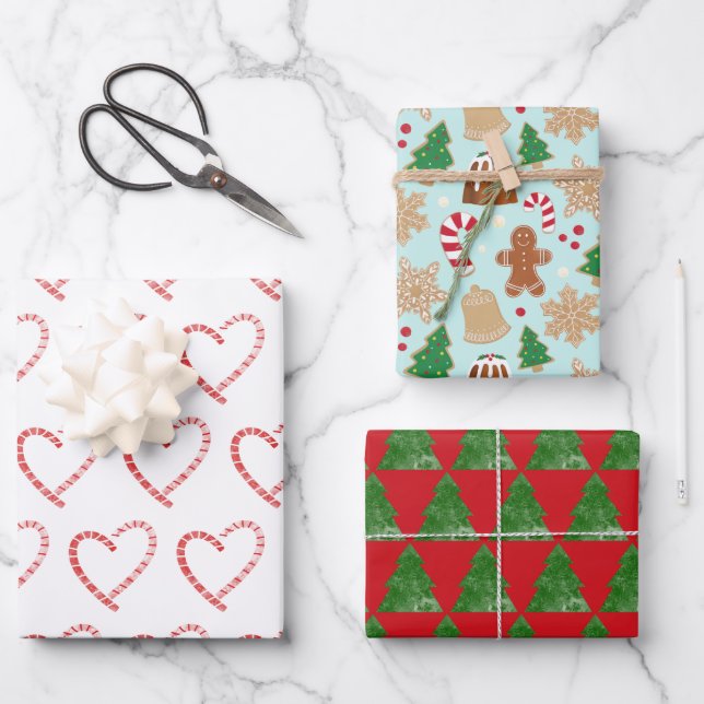 Candy Cane Hearts Christmas Cookies Christmas Tree Wrapping Paper Sheets (Front)