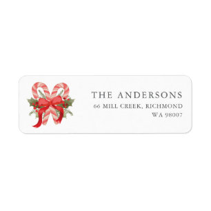 Candy cane, holly and bow Christmas return address Label