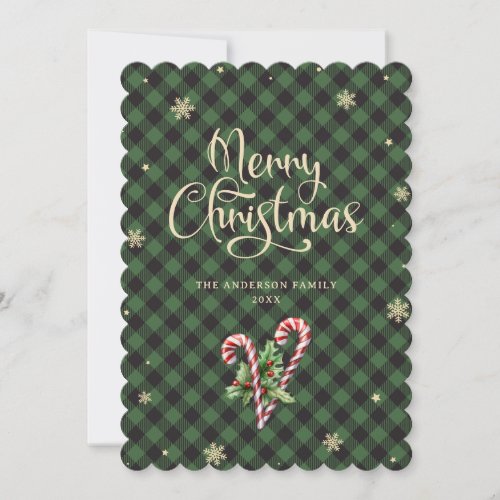 Candy Cane Holly Berries Snowflake Merry Christmas Holiday Card