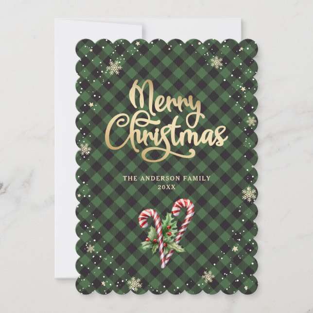 Candy Cane Holly Berries Snowflake Merry Christmas Holiday Card (Front)