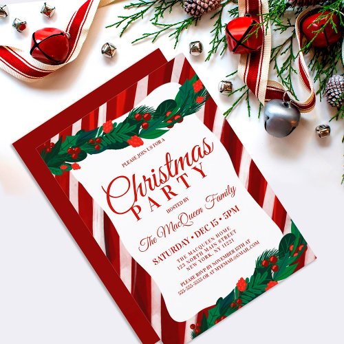 Candy Cane Holly Berry Ivy Leaves Christmas Party Invitation