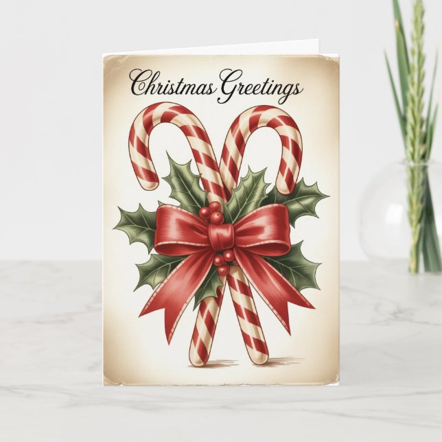 Candy Cane & Holly Bow Christmas Card (Front)
