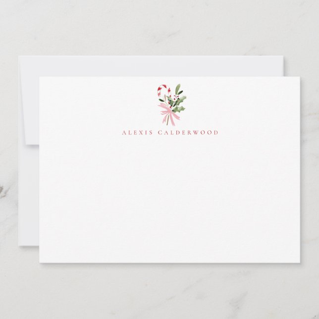 Candy Cane Holly & Bow Personalized Holiday Note Card (Front)