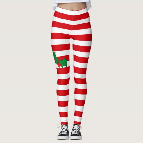 Candy Cane Holly Festive Unique Christmas Holiday Leggings