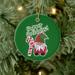 Candy Cane Holly Gnome Happy Holidays! Ceramic Ornament