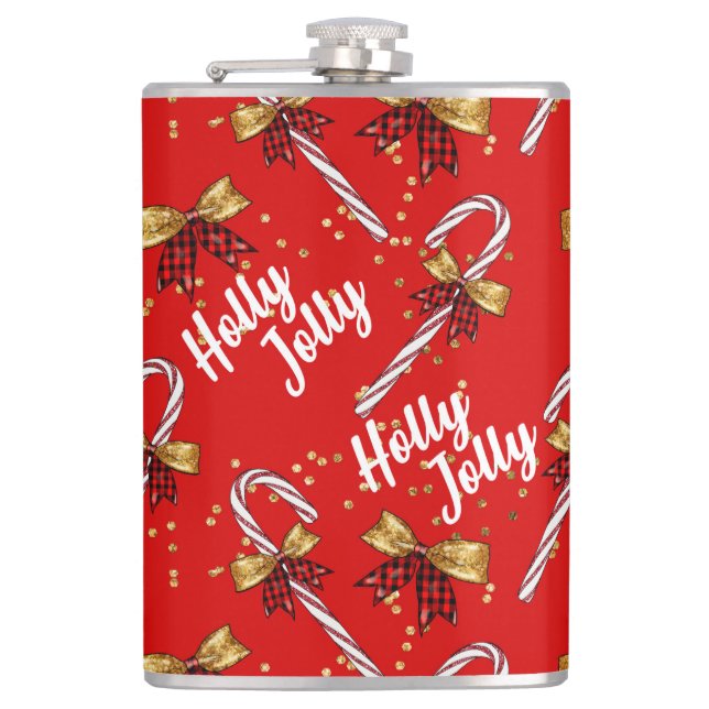 Candy Cane Holly Jolly Modern Festive Christmas Flask (Front)