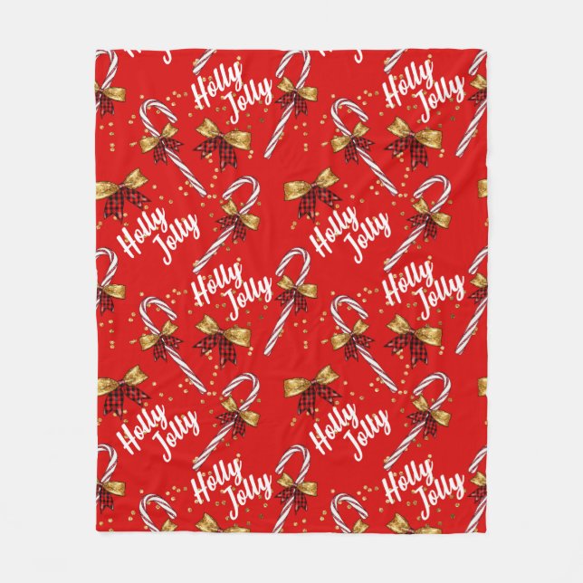Candy Cane Holly Jolly Modern Festive Christmas Fleece Blanket (Front)