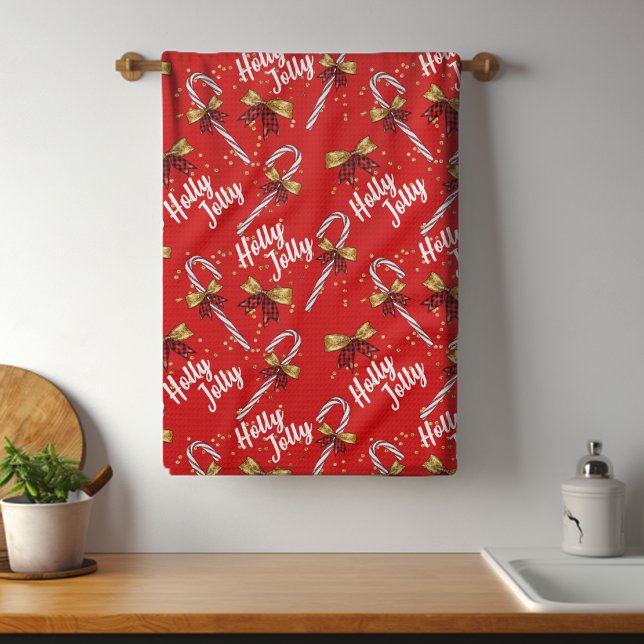 Candy Cane Holly Jolly Modern Festive Christmas Kitchen Towel (Creator Uploaded)