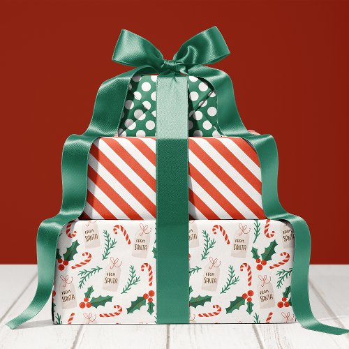 Candy Cane Holly Pattern Cute Holiday Christmas Wrapping Paper Sheets