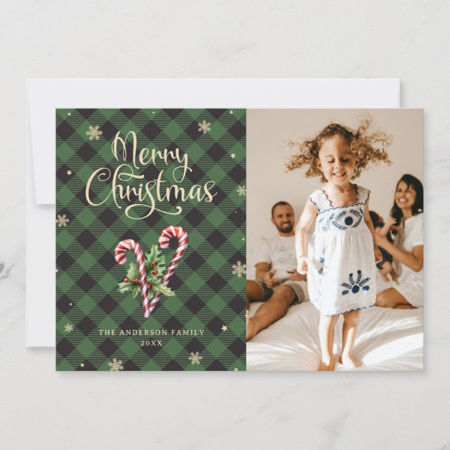 Candy Cane Holly Photo Merry Christmas Card (Front)