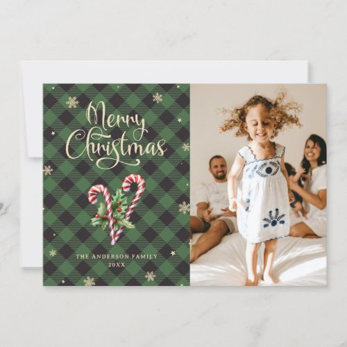 Candy Cane Holly Photo Merry Christmas Card