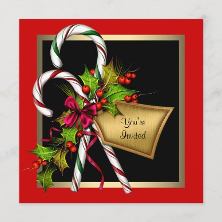 Candy Cane Holly Red Christmas Party Invitation