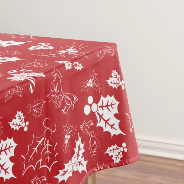 Candy Cane Holly | Red White Holiday Tablecloth (In Situ)