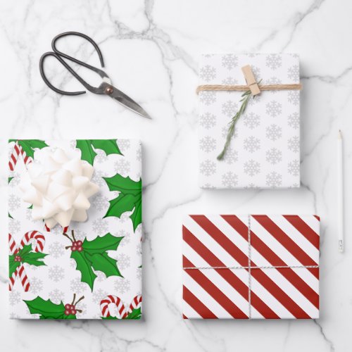 Candy Cane Holly  Snowflake Wrapping Paper Sheet