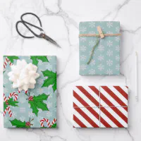 Candy Cane, Holly & Snowflake Wrapping Paper Sheets