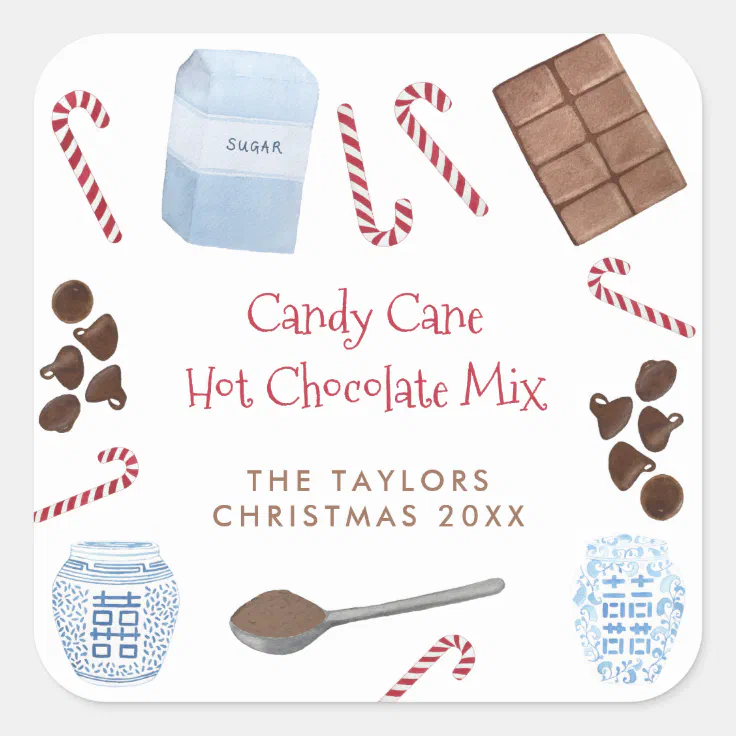 Candy Cane Hot Chocolate Mix Holiday Gift Square Sticker Zazzle