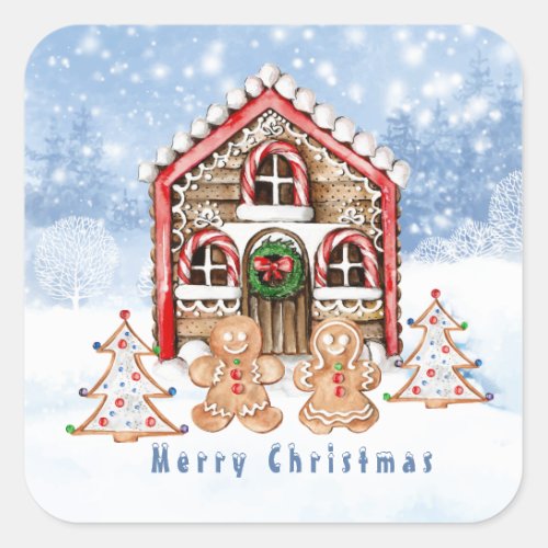 Candy cane house gingerbread boy girl square sticker