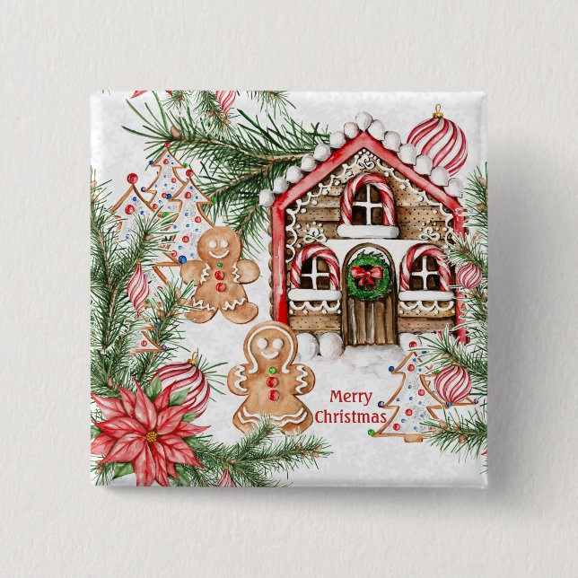 Candy cane house, gingerbread man, poinsettia button (Front)