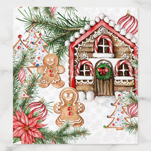 Candy cane house, gingerbread man, poinsettia envelope liner (Design)