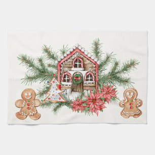 Candy cane house, gingerbread man, poinsettia kitchen towel