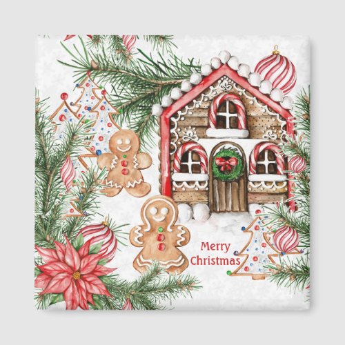 Candy cane house gingerbread man poinsettia magnet