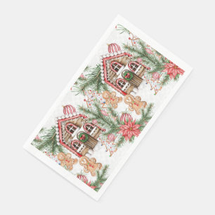 Candy cane house, gingerbread man, poinsettia paper guest towels