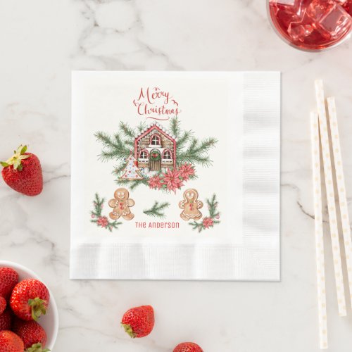 Candy Cane House Gingerbread man Poinsettia Pine Napkins