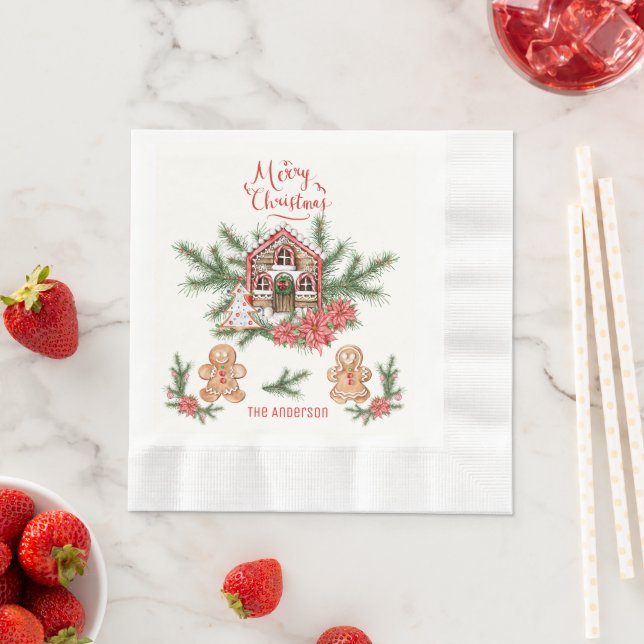Candy Cane House, Gingerbread man Poinsettia Pine Napkins (Insitu)