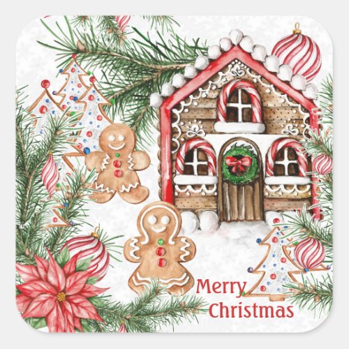 Candy cane house gingerbread man poinsettia square sticker
