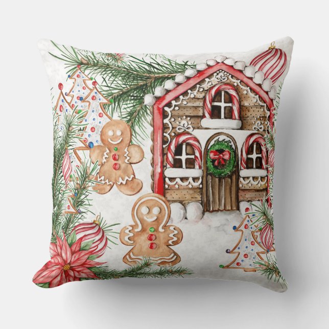 Candy cane house, gingerbread man, poinsettia throw pillow (Front)