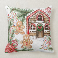 Candy cane house, gingerbread man, poinsettia throw pillow