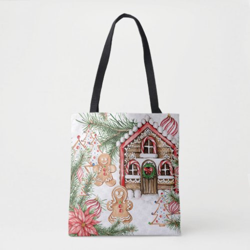 Candy cane house gingerbread man poinsettia tote bag