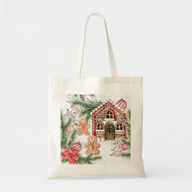 Candy cane house, gingerbread man, poinsettia tote bag (Front)