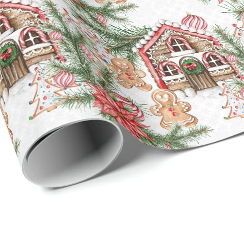 Candy cane house gingerbread man poinsettia wrapping paper