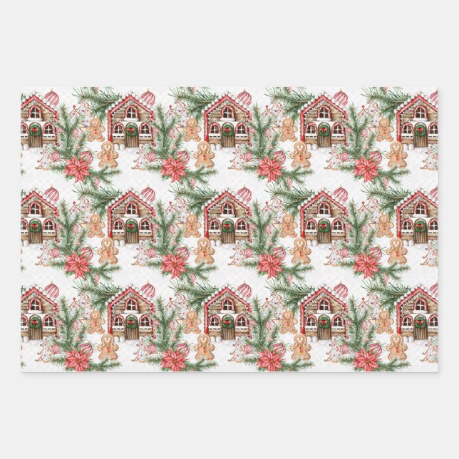 Candy Cane House Gingerbread man Poinsettia Wrapping Paper Sheets (Front)