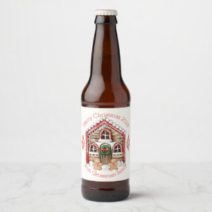 Candy cane house, gingerbread man, woman Christmas Beer Bottle Label