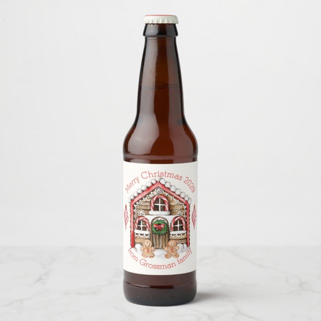 Candy cane house, gingerbread man, woman Christmas Beer Bottle Label (Front)