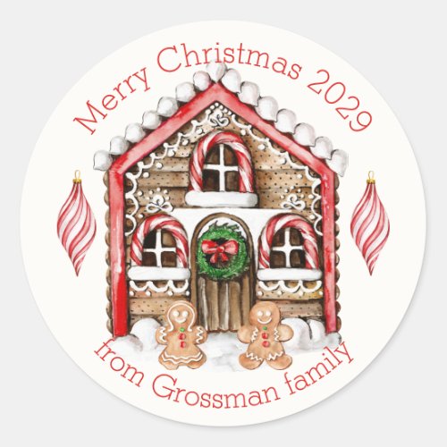 Candy cane house gingerbread man woman Christmas Classic Round Sticker