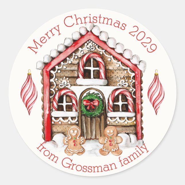 Candy cane house, gingerbread man, woman Christmas Classic Round Sticker (Front)